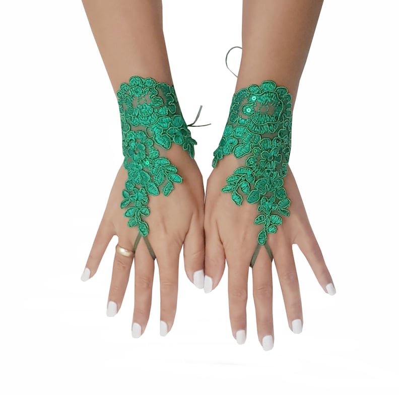 Christmas green lace gloves, fingerless gloves, prom, party, pine green, christmas wedding, christmas theme, bridal gift, yew year gift image 6