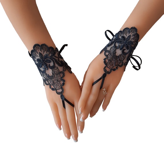 Smoked gray lace gloves bridal gloves fingerless gloves french lace bridesmaid gift tea party gift for womens Gothic lace very dark grey