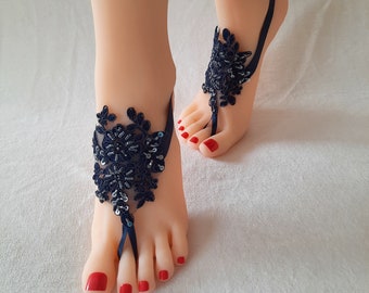 Navy blue beach wedding barefoot sandals  bridal shoes  bridesmaid gift  beach wedding lace bangle  lace anklet beaded barefoot sandal bride