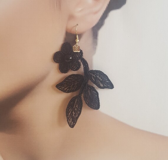 gothic black earrings, jewelry, lace earrings, lace jewelry, lace jewelry, burlesque, costume jewelry, goth earrings, halloween gift costume