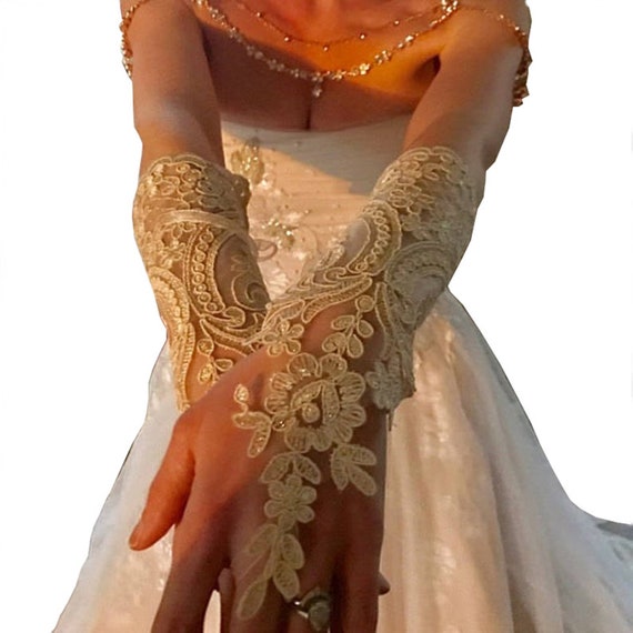 Long black, long ivory, long champagne gold, Wedding gloves, bridal fingerless glove, lace arm warmers, cuffs lace, gauntlets lace