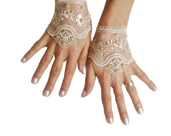 Light beige, Black, white, ivory,  pink, Wedding gloves bridal gloves  fingerless lace  gloves beaded pearl  and rhinestone  262