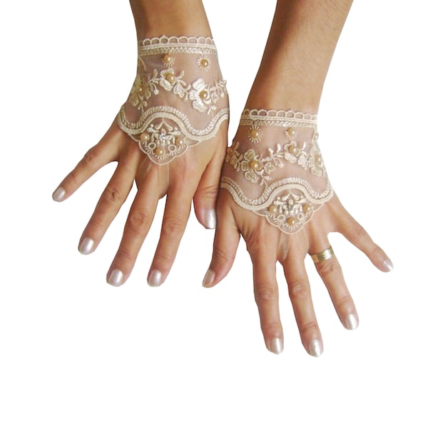 Gants de mariage, beige clair, noir, blanc, ivoire, rose, gants de mariée mitaines en dentelle, perles, perles et strass 262