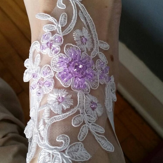 bridal anklet ivory or white lilac beads Beach wedding barefoot sandals summerfeets syringa mauve lavender
