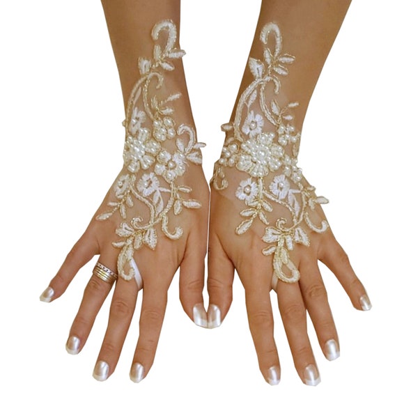 Gants de mariage avec cadre en or ivoire ou argent gants de mariée gants en dentelle mitaines ivoire accessoires de mariée ornement de main de mariée