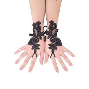 Duty Free Black Rose Gothic Lace Fingerless Glove - Sparkling Black Sequins
