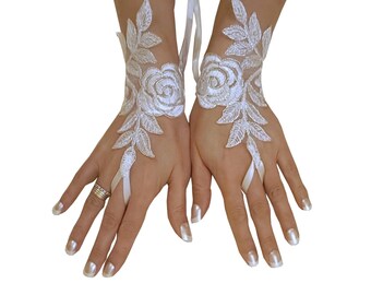 Bridal Glove, ivory, silver-embroidered lace gloves, Fingerless Gloves, cuff wedding bride, bridal gloves, ivory,  purple rose gloves