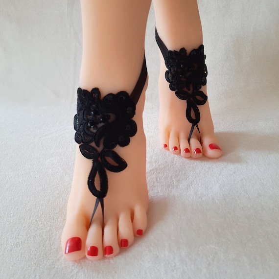 gothic bridal anklet, black or white lace sandals, Beach wedding barefoot sandals, bangle,  lace anklet, bridal, bellydance, gothic wedding