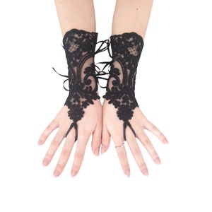 Duty Free Elegant Black Lace Fingerless Gloves by GlovesByJana - Perfect for gothic wedding and Special Occasions