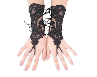 Black Lace Fingerless Gloves: Gothic Wedding Wrist Cuffs