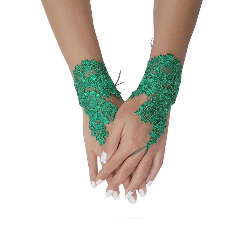 Christmas green lace gloves, fingerless gloves, prom, party, pine green, christmas wedding, christmas theme, bridal gift, yew year gift image 4