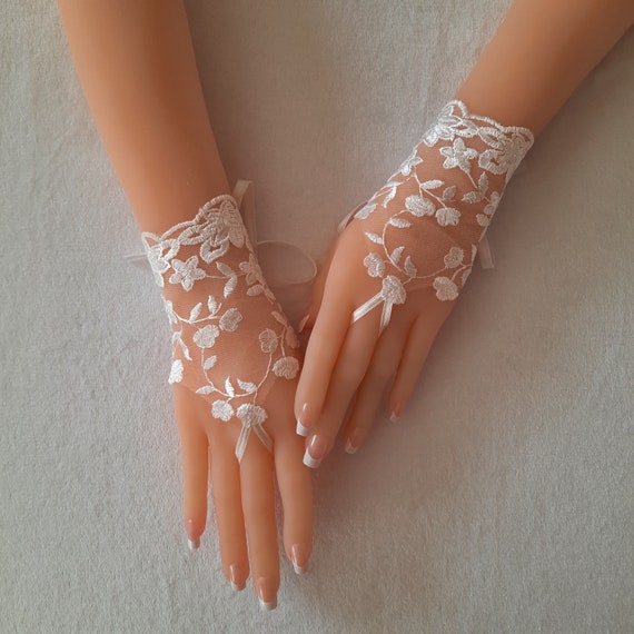 Gray or ivory lace fingerless gloves for wedding or party or celebration