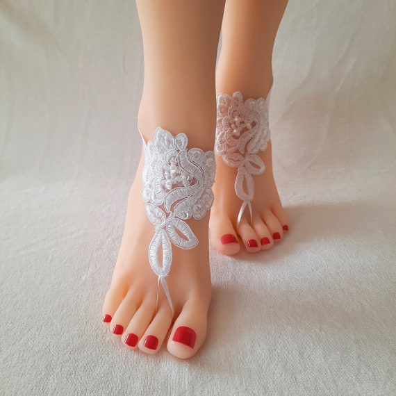 White or black beaded lace barefoot sandals, beach wedding, bridal barefoot sandals, wedding shoe, bellydance, bridesmaid gift, accessories