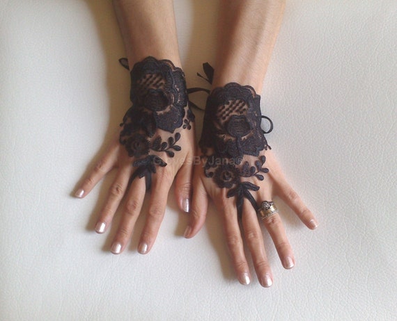 Black tulle lace glove embroidery bridal wedding fingerless burlesque body tattoo romantic bridesmaid glove