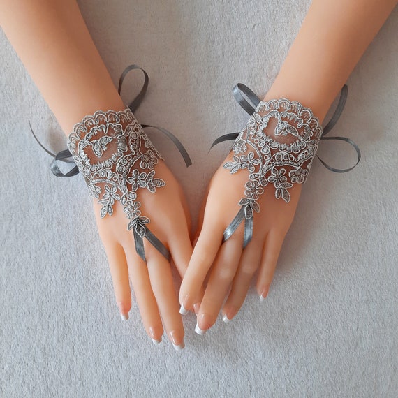 Gothic lace grey gray Lolita gloves bridal gloves fingerless gloves french lace gift tea party bridal accessory party cuff wrist