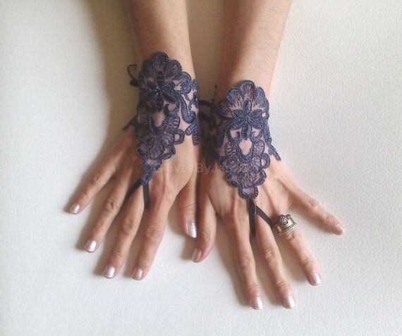 Gothic lace very dark grey smoked gray Wedding gloves bridal gloves fingerless gloves french lace bridesmaid gift tea party