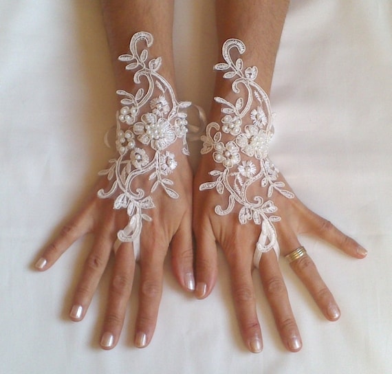 Wedding gloves beaded pearls white or ivory lilac bridal gloves lace gloves fingerless gloves french lace gloves lavender