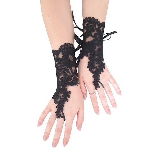 Mystic Black Lace Fingerless Gloves for Gothic Wedding Party