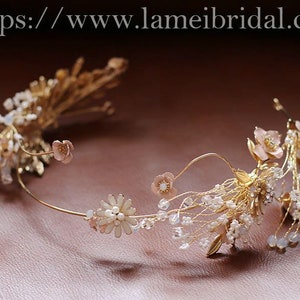Small Gold Flower with gold leaf  and pearl Wedding hair vine ,Gold Bridal Crown , Golden Tiara Leaf Circlet bridal Headpiece headband