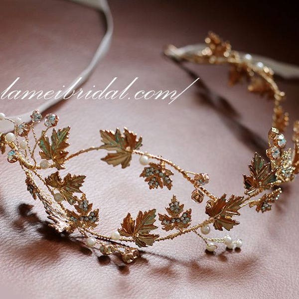 Woodland Queen Gold Wedding crown, Bridal Tiara,wedding Headpiece with gold leaf ,Bridal leaf crown ,Bridal hair vine - Greek hair accessory