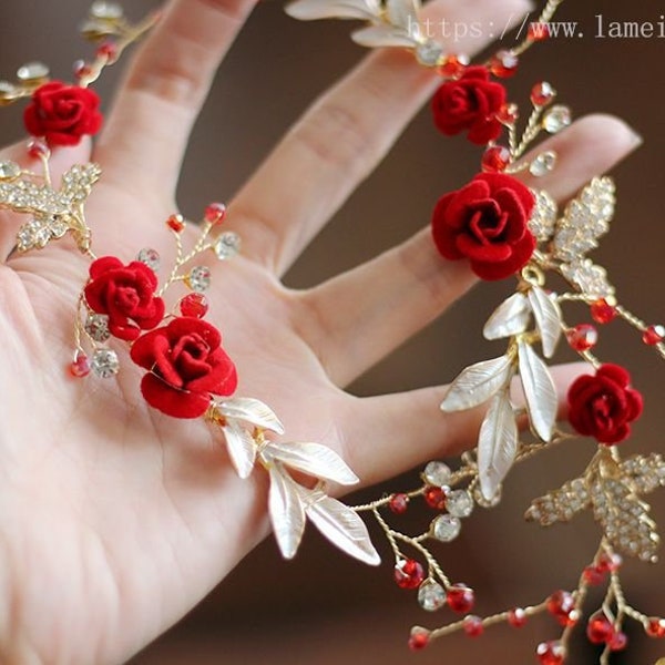 Red rose hair vine, Golden Princess Wedding Headband, Red Bridal hair vine ,Gold fairy Tiara , Red Prom Headpiece,Boho flower hair vine