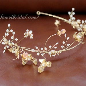 Small Gold Flower with gold leaf  and pearl Wedding hair vine ,Gold Bridal Crown , Golden Tiara Leaf Circlet bridal Headpiece headband