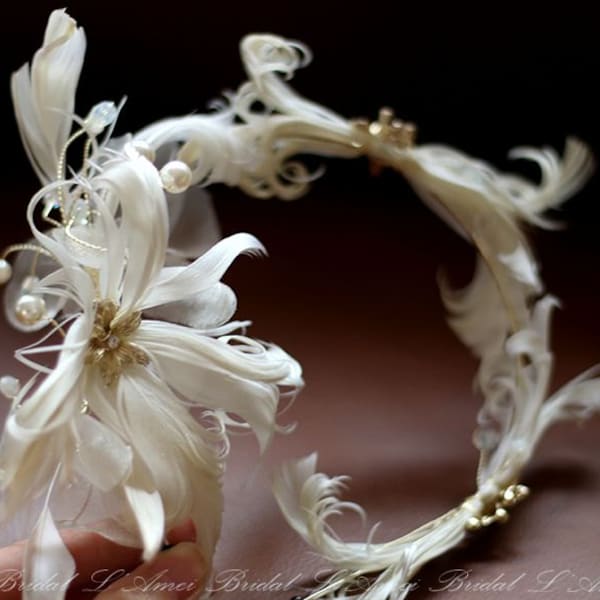 1920's rhinestone headpiece antique gold bridal beaded flapper headband with ivory peacock feathers headband