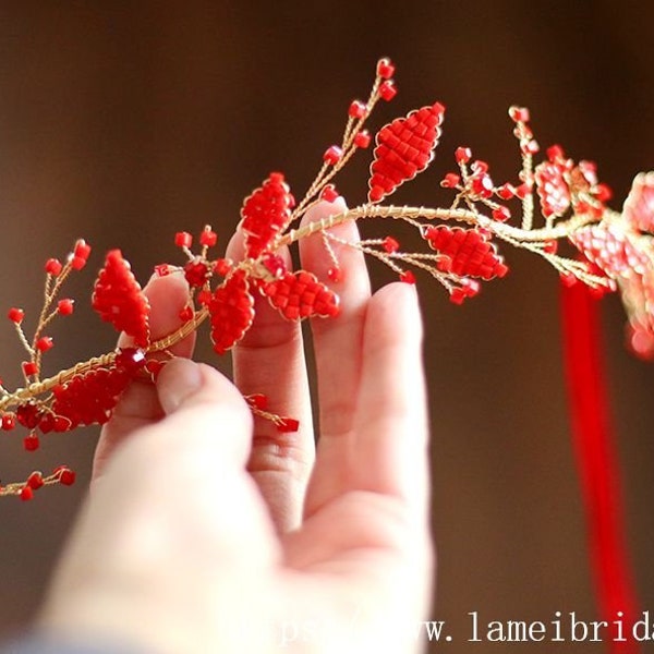 Gold wine Red Whimsical Flower Crown ,Princess Wedding Headband, Red Bridal hair vine ,Gold fairy Tiara , Prom Headpiece,Boho flower vine