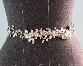 Hand made Rhinestone Crystal Bridal Wedding dress sash ,bridal sash belt  with Silver Color Leaves and crystal flower, Silver Leaf belt