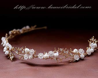 Forest Princess wedding Headband,Floral Bridal Circlet Small Wild Flower Wedding Crown ，white flower Headpiece Wreath Accessory