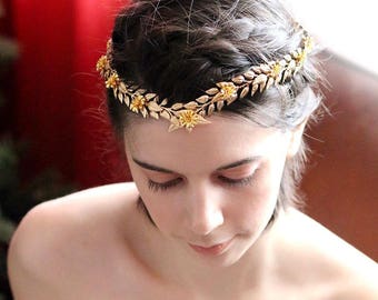 Woodland Queen Gold Wedding crown, Bridal Tiara,wedding Headpiece with gold leaf ,Bridal leaf crown ,Bridal hair vine - Greek hair accessory