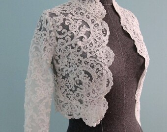 Long Sleeve French Lace Bridal Bolero Shrug Wedding Jacket Available in Ivory-White or Pure White