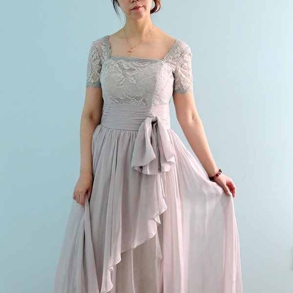 Beautiful High Quality Floor Length Short Sleeve Lace Prom or Mother of the Bride Dress in Light Grey