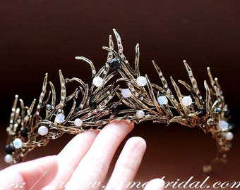 Woodland Princess Gold and black Wedding hair crown , Black Crown ,Black bridal Tiara , Baroque crown,Gothic Tiara Evil Queen crown