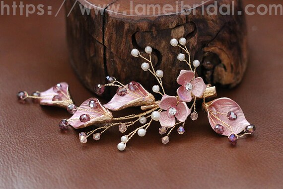 Victorian Inspired Gold Pink Wedding Bridal Flower Hair Clip  display picture 1