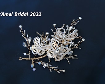 Light Golden Butterfly Hair clip , Exquisite gold Wedding Hair Accessory, with Swarovski rhinestones