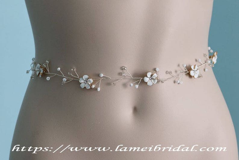 bridal sash belt Fall Rustic small white Flower Wedding dress belt Bridal headpiece Bridal vine Bridal Flower belt Flower Headpiece