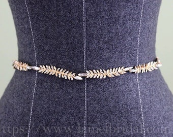 Heavy beaded Golden leaves Bridal sash belt. gold wedding dress belt, Gold leaf Bridal belt with crystal， Leaf Narrow waistband