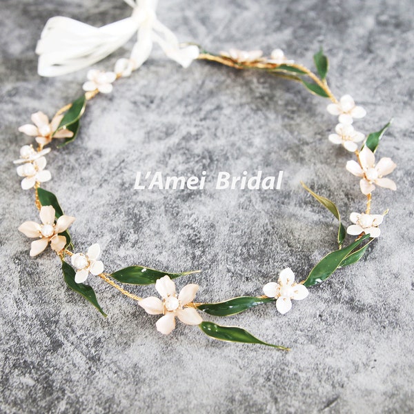 Forest Princess wedding Headband,Floral Bridal Circlet Small Wild Flower Wedding Crown ，champagne white flower Headpiece Wreath Accessory