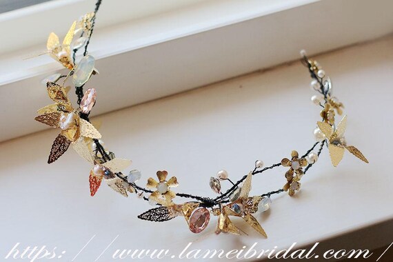 Woodland Tiara-Gold Leaves, Australian Crystals Elven Circlet ALAMIRA Ooak - Gold & Green, Glass Leaves  main image 4