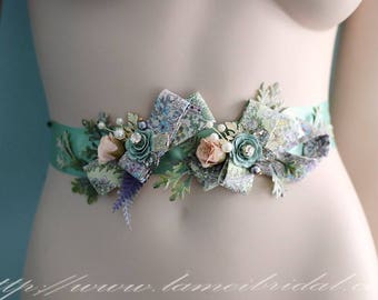 Special Design Mint Green Flower  Floral fabric Wedding Dress Sash ，Rose Bridal Belt for outdoor Wedding
