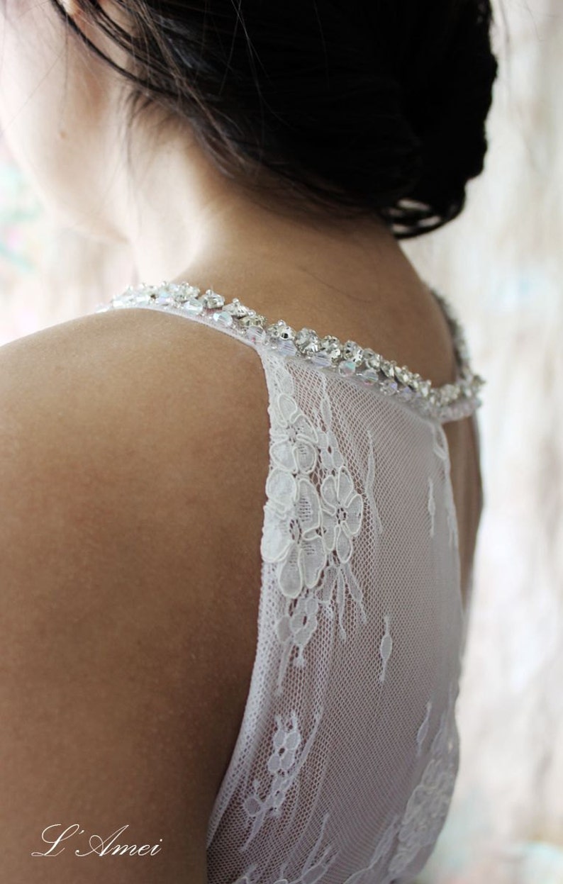 Clearance-Unique Simple Column Floor length scoop neckline Wedding Bridal Dress with Embellished Neckline and Small Train