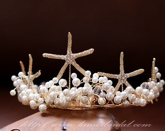 Golden wedding hair accessories, Gold Starfish bridal headpiece, Beach wedding pearl crown -Starfish Hair Tiaras, Gold floral head crown