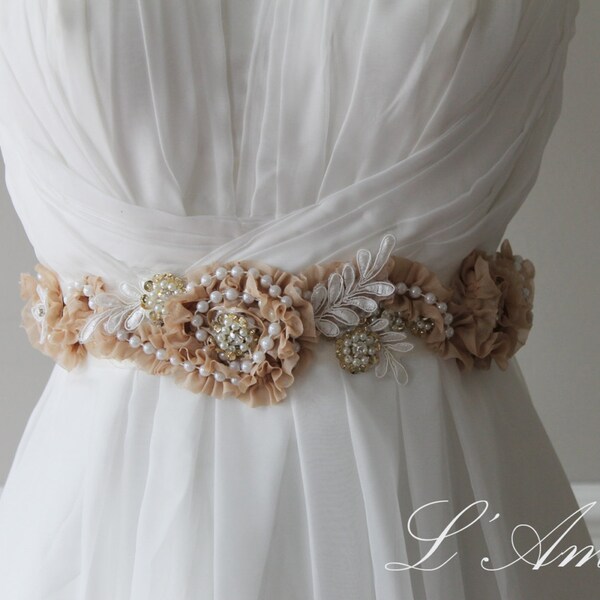 SALE-Handmade Golden Sequin and ivory Lace Wedding Sash, Flower Bridal Belt with Bling
