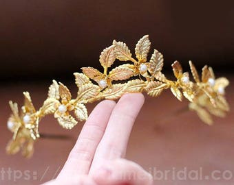 Woodland Queen Golden Wedding Bridal Tiara,wedding Headpiece with gold leaf ,Bridal leaf crown ,Bridal headpiece - Greek hair accessory