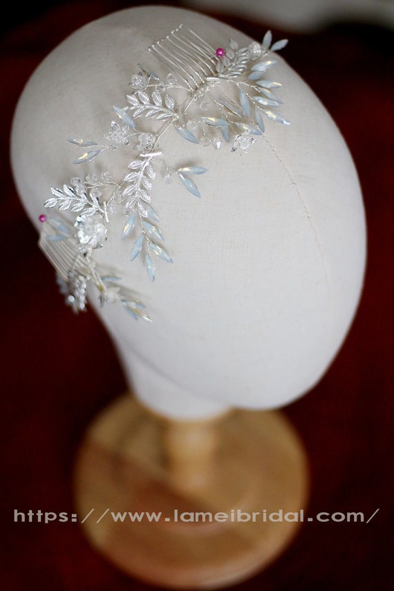 Bridal White Silver Hair Comb Wedding Leaf Hairpiece Clips Vintage Jewelry Wedding Hair Jewelry, Silvery Vintage Bridal Hair Comb With  main image 2