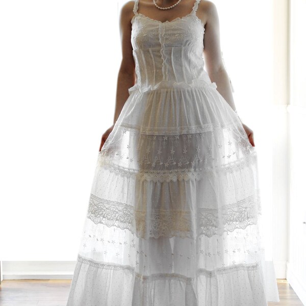 SALE- Simple Boho Organic Cotton and Lace Wedding Dress, Beach wedding dress