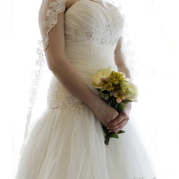 Long Alencon Lace Cathedral Mantilla Briadal Wedding Veil. SALE 40% off