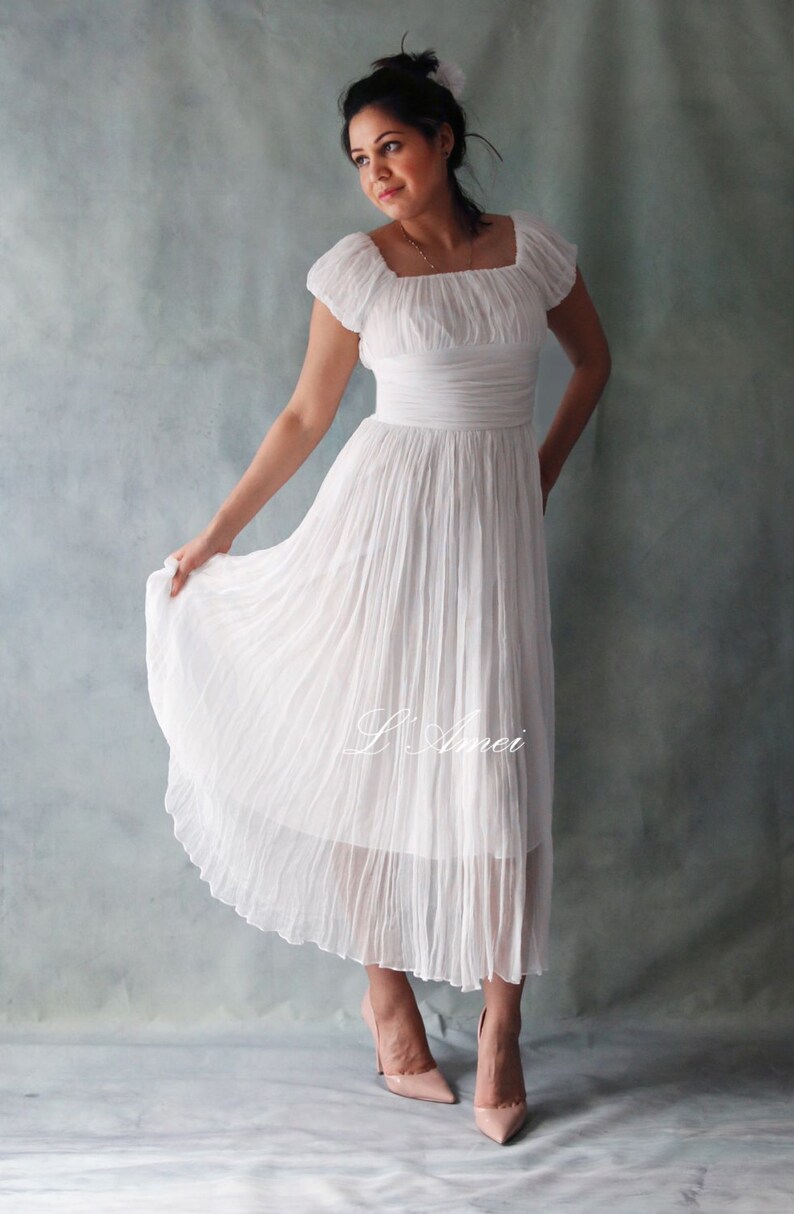 Clearance Simple Rouched Silk Tea Length Wedding Dress Etsy