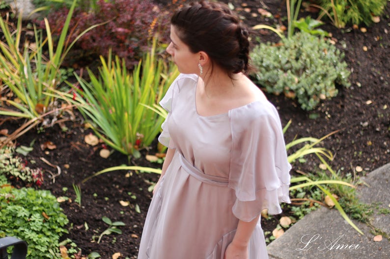 Light gray scoop neckline dress Design by L/'Amei 2016 Custom made Vintage Silk chiffon Bridal BohoBeach Fairy Wedding Dress MX19833930